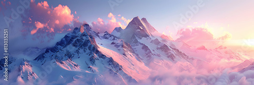 Dawn Over Snowy Peaks: Early Morning Light Bathing Snow Capped Peaks in Warm Glow, Serene Start to Day Photo Realistic Concept