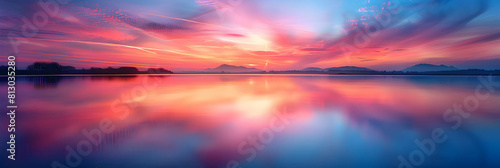 Dawn Reflections on Serene Lake: Tranquil Waters Mirror Colorful Sky at Dawn Photo Realistic Concept