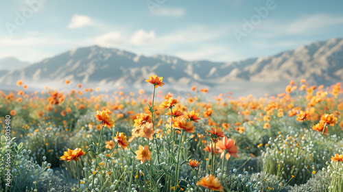 Vibrant Desert Wildflowers in Bloom: Resilient Landscape Alive with Unexpected Explosion of Color Photo Stock Concept