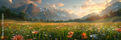 Peaceful Evening Serenity in Alpine Meadows Captured at Sunset  Ideal for Nature Concept in Photo Realistic Style on Adobe Stock