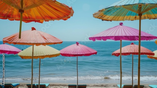 Colorful Chinese paper parasols for shade at the sunny beach. summer day