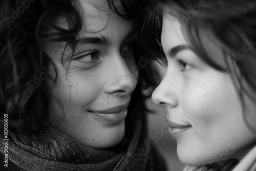 A black and white photo capturing an intimate moment between two people, their faces close and expressions soft. AI Generated