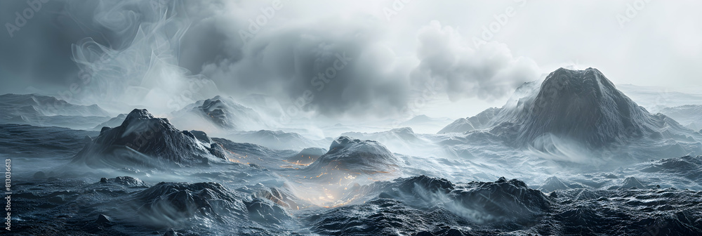 Photo realistic depiction of Geothermal Vents and Fumaroles showcasing volcanic forces through steam and gases release in a captivating stock photo concept
