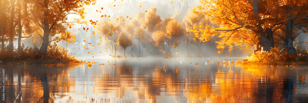 Golden Autumn Reflections: A serene lake mirrors the golden hues of autumn leaves, creating a stunning and peaceful scene   Photo realistic concept on Adobe Stock