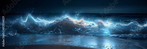 Photo realistic image of glowing waves at midnight capturing a unique natural light spectacle on a bioluminescent beach   captivating midnight ocean waves glowing vibrantly © Gohgah