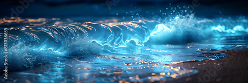 Glowing Waves at Midnight: Photo realistic Image of Ocean Waves Illuminated by Bioluminescence, Creating a Unique Natural Light Spectacle © Gohgah
