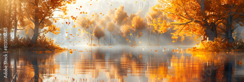 Golden Autumn Reflections: A serene lake mirrors the golden hues of autumn leaves, creating a stunning and peaceful scene Photo realistic concept on Adobe Stock