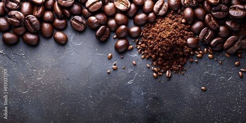 Coffee beans and ground coffee on gray background with space for text. Concept Food Photography  Coffee Beans  Ground Coffee  Gray Background  Copy Space