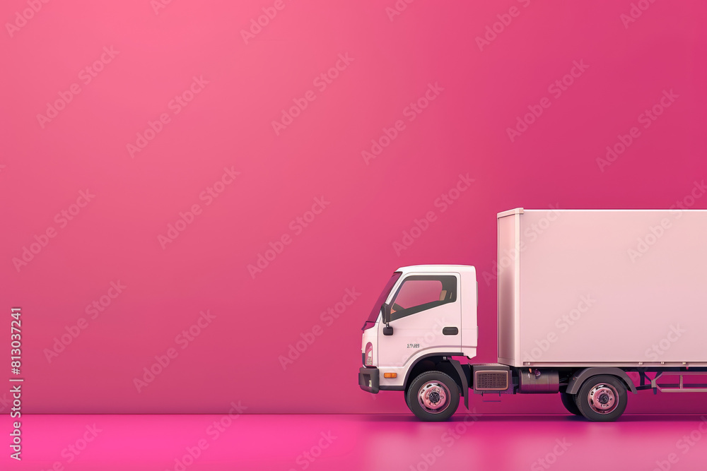 Minimalist image of an isolated white delivery truck on a vibrant pink background with ample copy space on the left Minimalist image of an isolated white delivery truck on a vibrant pink background with ample copy space on the left