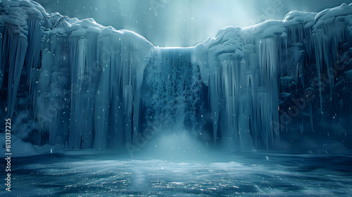 Icy Waterfall Spectacle: A Photo Realistic Frozen Landscape Capturing Nature s Flow in Winter Stock Concept
