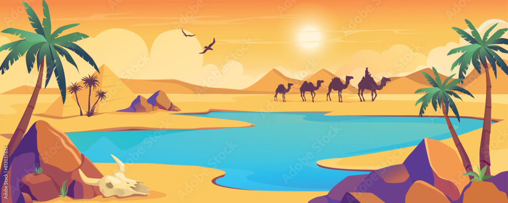 Oasis view in desert background banner in cartoon design. Dark silhouette of camel caravan, dry sand space with dunes and hills, blue water lake with palm trees and stones. Vector cartoon illustration