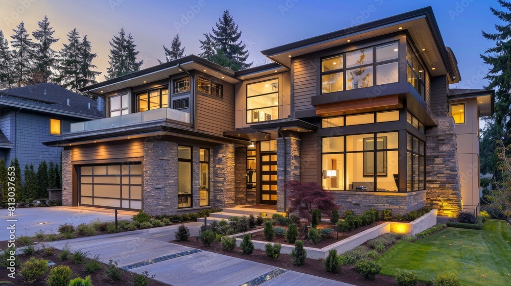 Spacious modern luxury house illuminated at twilight with a beautifully landscaped front yard and clear sky Spacious modern luxury house illuminated at twilight with a beautifully landscaped front yard and clear sky