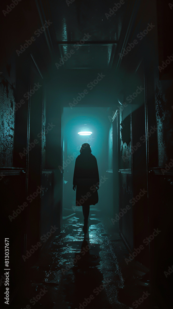A dark figure walking down a wet hallway.
