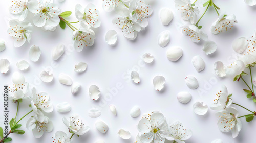 Beautiful spring tree blossoms and petals on white © Mixzodus
