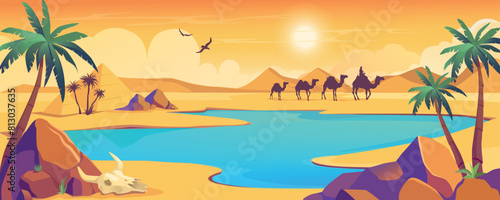 Oasis view in desert background banner in cartoon design. Dark silhouette of camel caravan, dry sand space with dunes and hills, blue water lake with palm trees and stones. Vector cartoon illustration