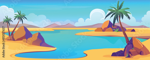 Oasis view in desert background banner in cartoon design. Dry sand space with dunes and hills, blue water lake with palm trees and stones, clouds horizon on day sunny sky. Vector cartoon illustration