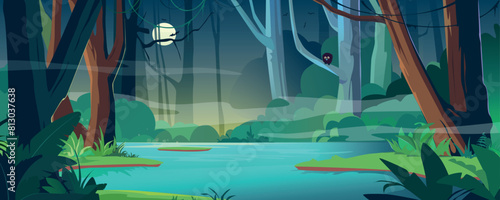 Tropical night jungle with river background banner in cartoon design. Wildlife rainforest with misty  moon  lianas and bird on trees  lush bushes and fern  blue water pond. Vector cartoon illustration