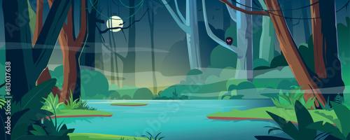 Tropical night jungle with river background banner in cartoon design. Wildlife rainforest with misty, moon, lianas and bird on trees, lush bushes and fern, blue water pond. Vector cartoon illustration