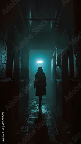 A dark figure walking down a wet hallway.