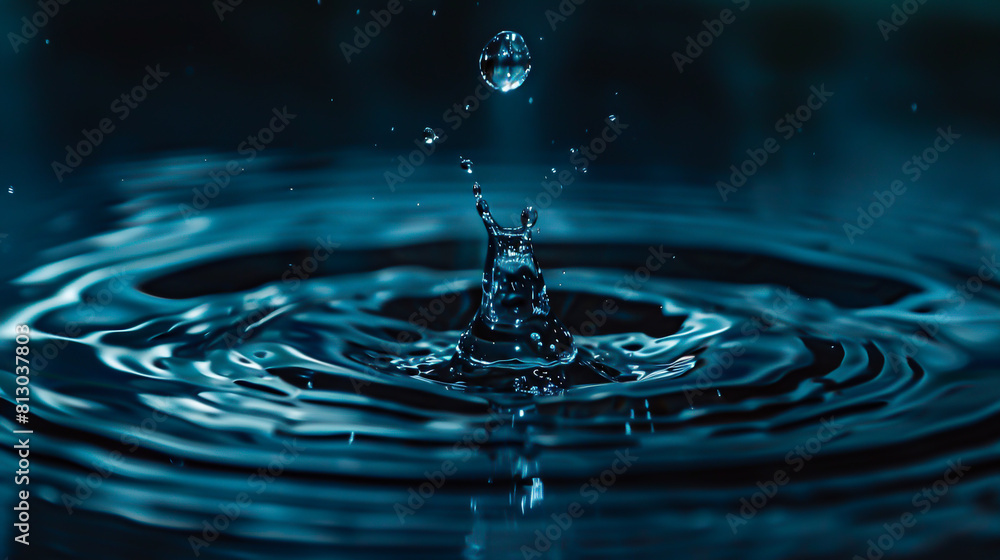 Close-up of a water drop falling into a pool of water, creating a ripple effect.