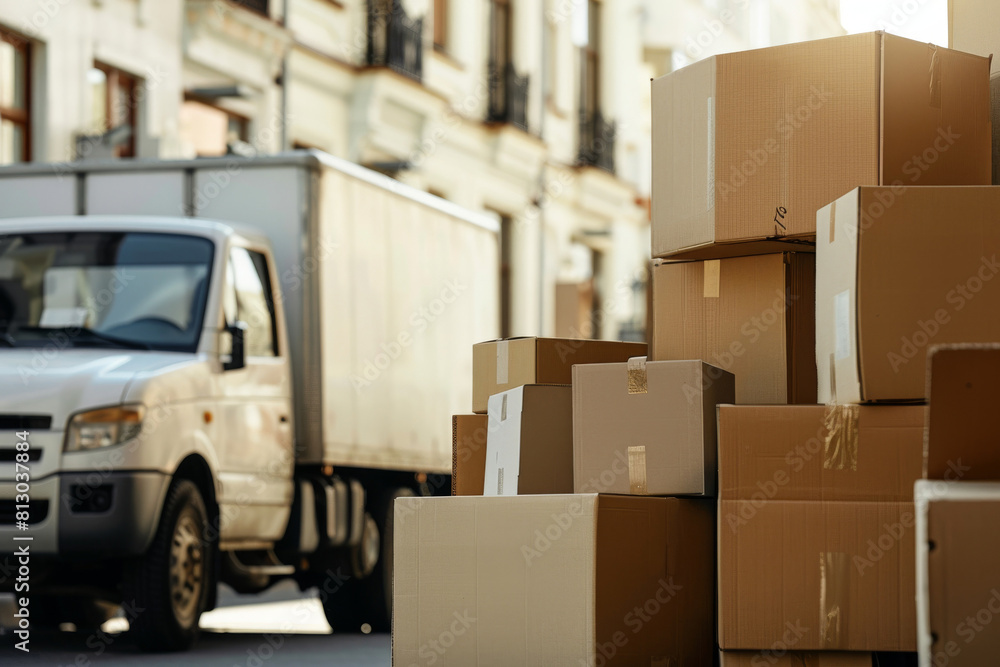 Stacked cardboard boxes in focus with a white delivery truck blurred in the background on a sunny city street
