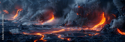 Exploring Mysterious Lava Tubes and Caves: Photo Realistic Depiction of Flowing Lava beneath Earth s Surface photo