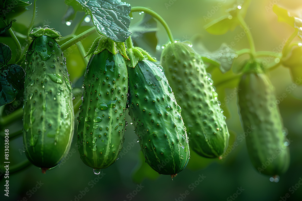 A picturesque scene capturing crisp cucumbers dangling from a lush branch in a sun-dappled garden, radiating freshness and organic allure A picturesque scene capturing crisp cucumbers dangling from a lush branch in a sun-dappled garden, radiating freshness and organic allure