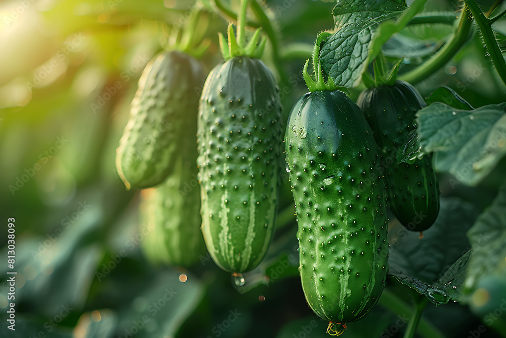 A picturesque scene capturing crisp cucumbers dangling from a lush branch in a sun-dappled garden, radiating freshness and organic allure A picturesque scene capturing crisp cucumbers dangling from a lush branch in a sun-dappled garden, radiating freshness and organic allure