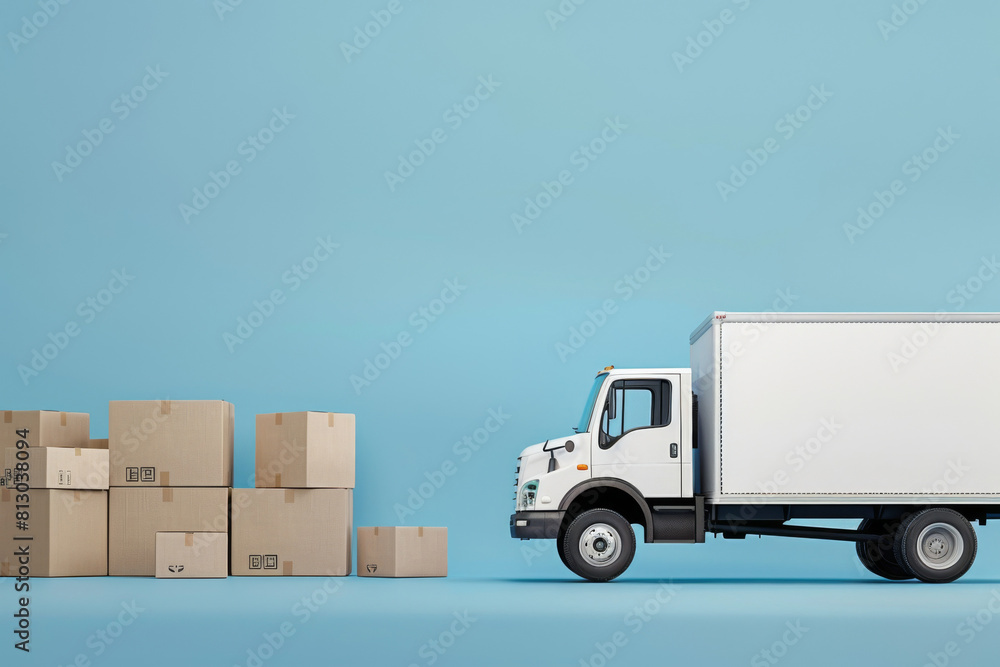 White delivery truck parked next to a stack of various-sized cardboard boxes against a blue background, symbolizing logistics and distribution White delivery truck parked next to a stack of various-sized cardboard boxes against a blue background, symbolizing logistics and distribution