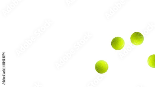 five green tennis balls bounce left to right on the screen on a transparent background. 5 tennis balls hit and bounce beautifully against the alpha transparent background. tennis ball jumps.