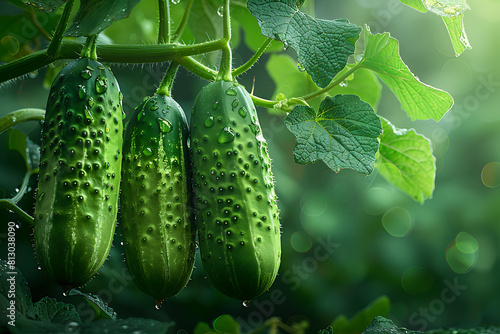 A picturesque scene capturing crisp cucumbers dangling from a lush branch in a sun-dappled garden  radiating freshness and organic allure