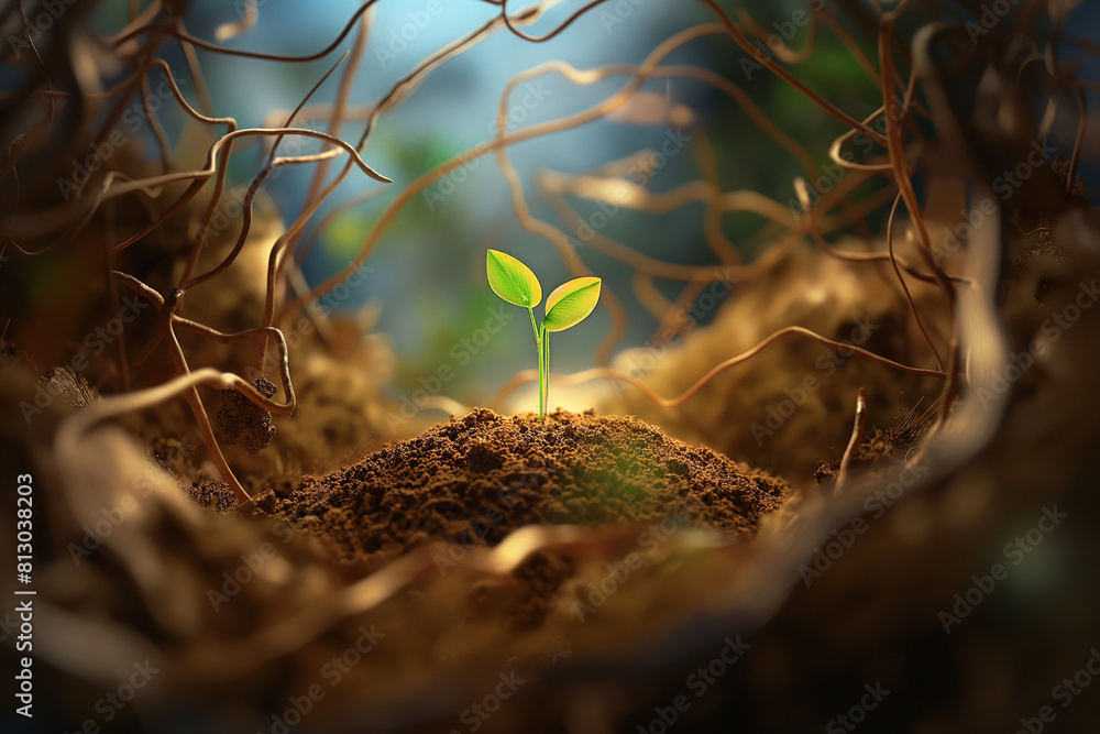 Fototapeta premium plant in the ground, Witness the miracle of life as a little green seedling emerges from a pile of earth, serving as a poignant symbol of environmental protection, beautifully portrayed in a captivati