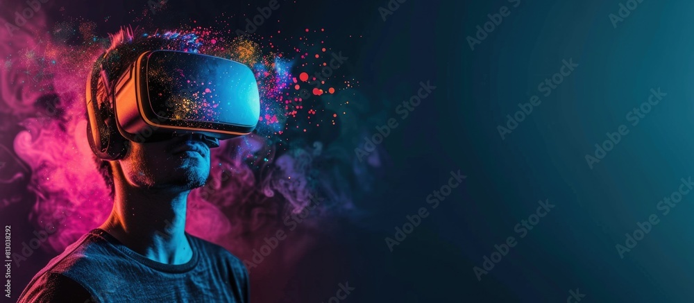 A young man immersed in virtual reality experience with a VR headset on A young man immersed in virtual reality experience with a VR headset on