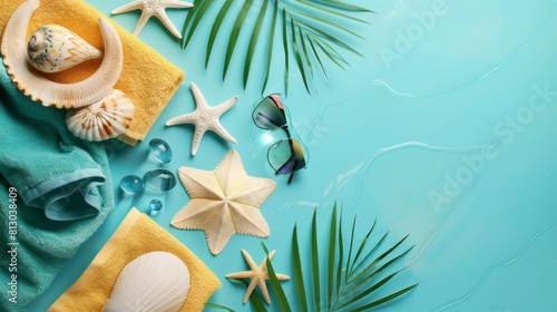 Summer vacation concept flat lay. beach accessories and towel top view. Space for text. travel concept. summer day