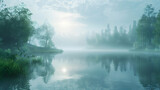 A mystical morning: soft light filtering through misty air over a serene lake, creating a photo realistic and enchanting atmosphere in the Photo Stock.