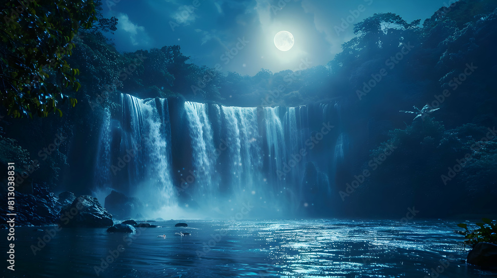 Moonlit Waterfall Romance: A waterfall bathed in moonlight, casting a shimmering and romantic backdrop under the gentle lunar glow   Photo Realistic Concept