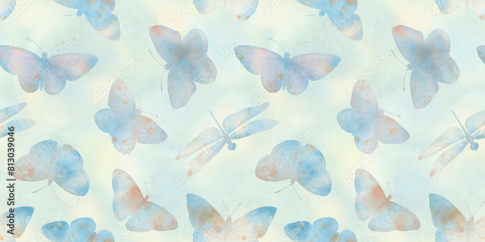 Fototapeta premium Watercolor seamless background. Butterflies, dragonflies. Delicate watercolor illustration on an abstract watercolor background. Basis for design - fabric, textiles, wallpaper, wrapping paper