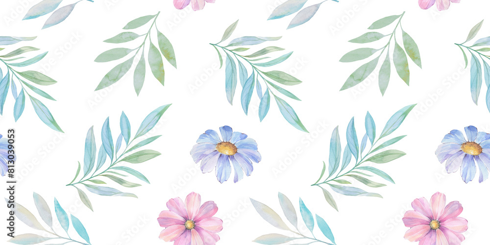 Obraz premium Seamless floral design with flowers and leaves for background, abstract endless pattern. Watercolor illustration and digital drawing of leaves on branches