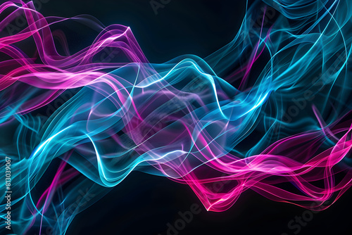 Dynamic neon waves pulsating in shades of blue and pink. Abstract art on black background.