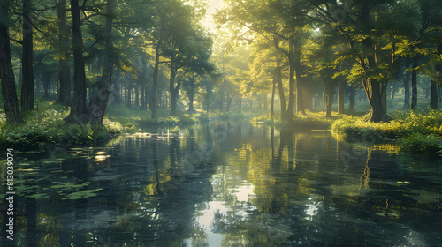 Tranquil River Reflections in Old Growth Forest Stunning Photo Realistic Concept Capturing Ancient Trees Reflecting on Still Waters of Forest River