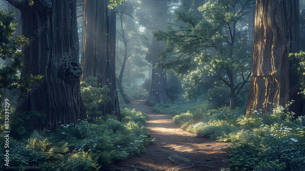 A Winding Path Through Old Growth Forest: Adventurers  Journey Among Towering Ancient Trees   Photo Realistic Concept on Adobe Stock