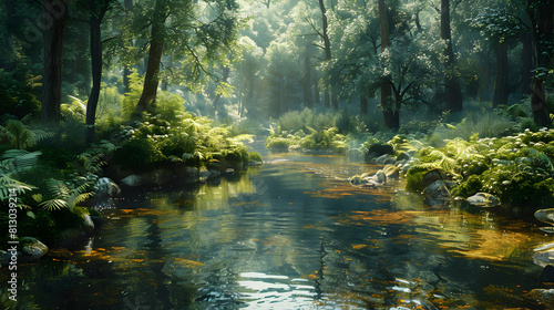 Serene Stream in Old Growth Forest  a Photo realistic portrayal of lush undisturbed vegetation as a meandering stream flows through the heart of nature s beauty