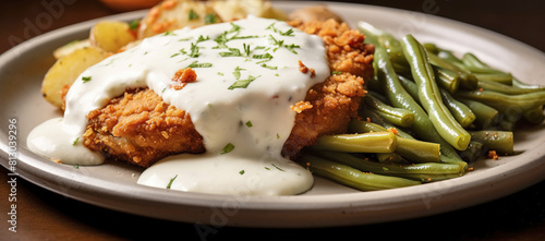 A plate of chicken fried steak with cream sauce, green beans and potatoes on the side. 