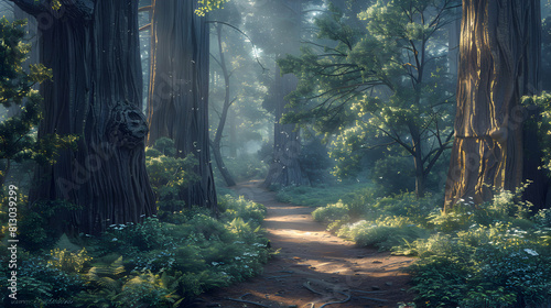 A Winding Path Through Old Growth Forest: Adventurers Journey Among Towering Ancient Trees Photo Realistic Concept on Adobe Stock