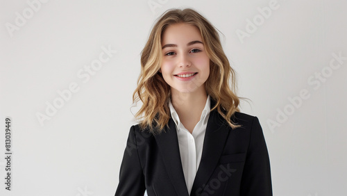 Young white woman in business suit with smile, copy space, white background, copy space