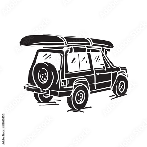 classic jeep with canoe board vector design hand drawing