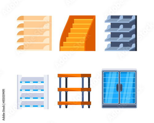 Shop showcases. Store shelves. Retail, Supermarket shelf rack. Cashier desk.