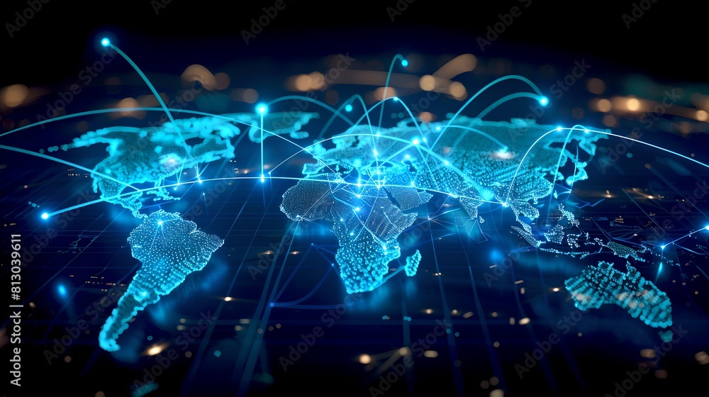 Obraz premium Futuristic Global Network Representation, Digital World Map, Connectivity Concept Illustration, Cyberspace Background. Visualize Global Communication. AI