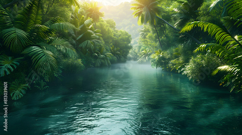 Photo realistic exploration of a rainforest river journey where adventure awaits as a winding river flows through lush tropical landscapes