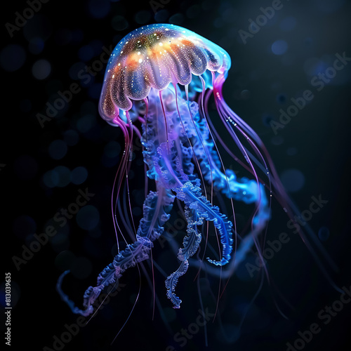 Glowing Jellyfish, Tentacles, Bioluminescent beauty, Diving into the depths, Mysterious, Realistic, Silhouette lighting